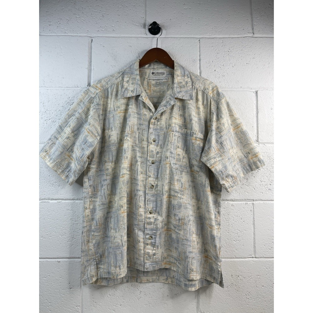 Columbia Shirt Mens L‎ Button Up Relaxed Hawaiian Ship Boats Blueprint Pattern